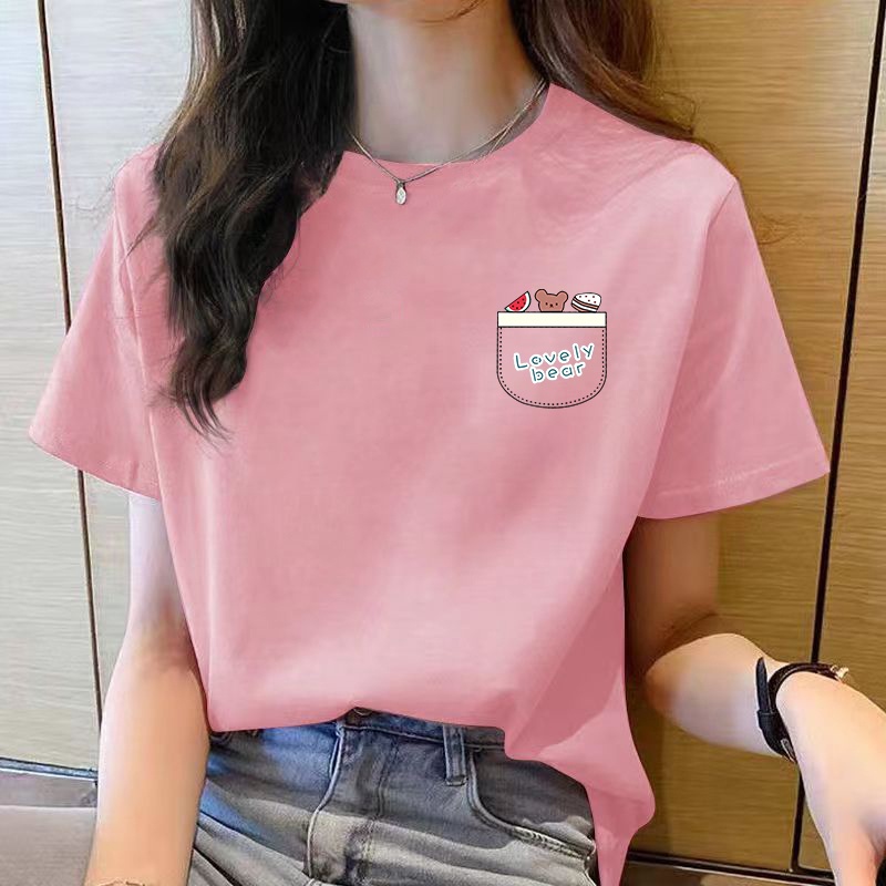 เสื้อยืดคอกลม แขนสั้น ทรงหลวม สีแดง แฟชั่นสําหรับผู้หญิง