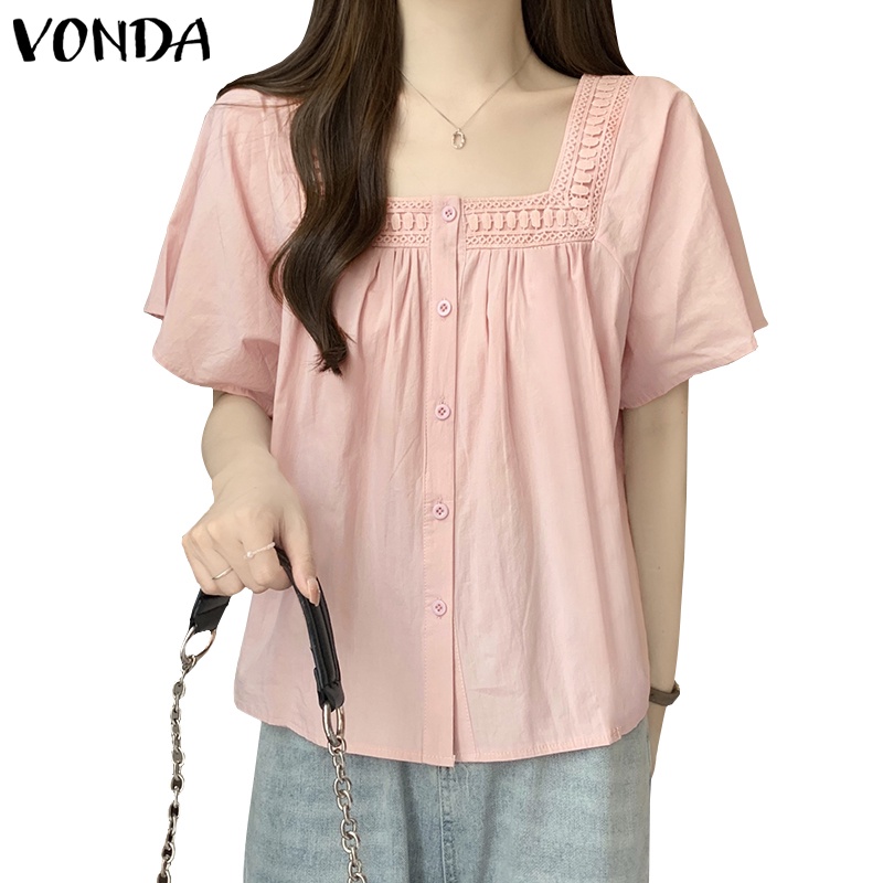 Vonda เสื้อเบลาส์ คอสี่เหลี่ยม แขนพัฟ สีพื้น สไตล์เกาหลี สําหรับผู้หญิง