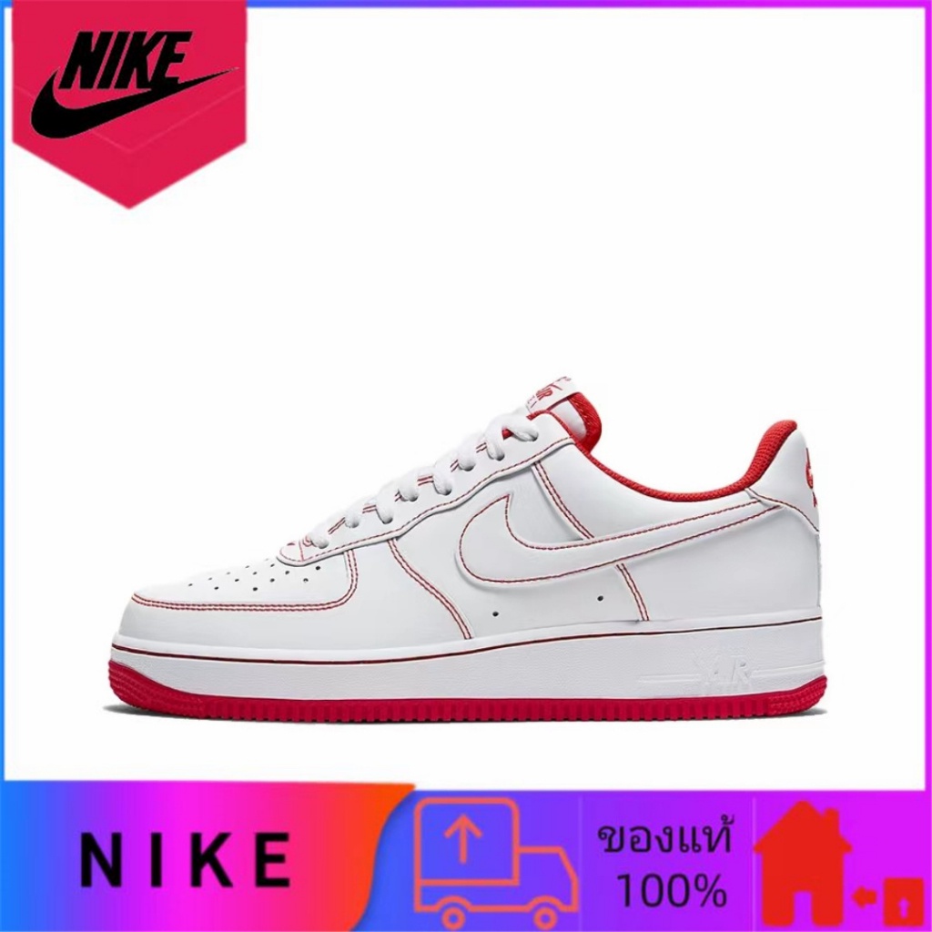 Nike Air Force 1 Low แท้ 100% รองเท้าผ้าใบสวมทนลำลองสีแดงและสีขาว