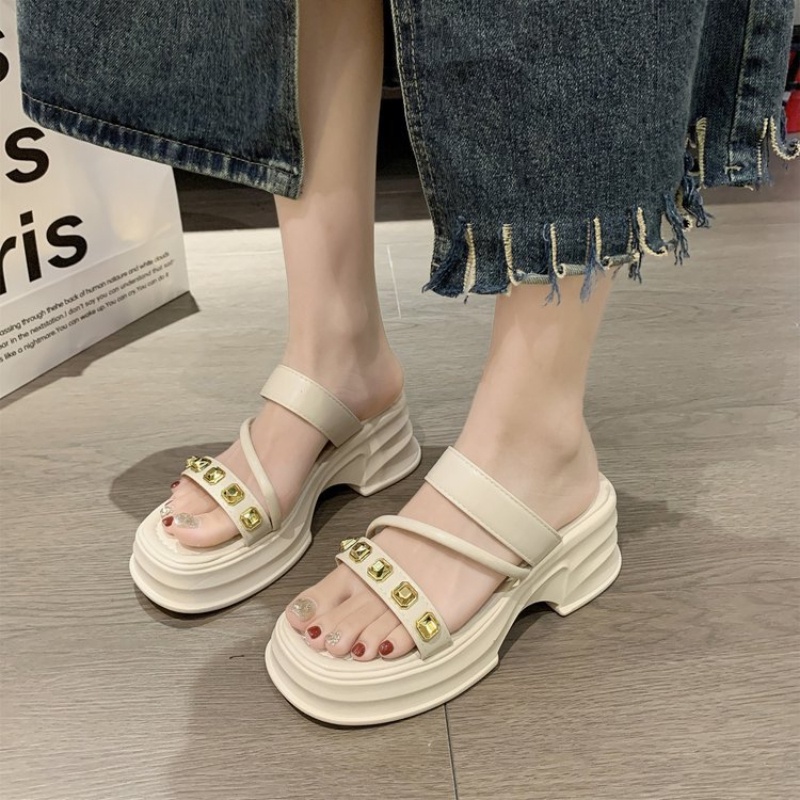 Chic Stroll รองเท้าแตะแฟชั่นผู้หญิง ตกแต่งเพชร รองเท้าส้นตึก เปิดปลายเท้า ระบายอากาศ สไตล์โรมัน เหมาะกับเดินชายหาดกลางแจ้ง