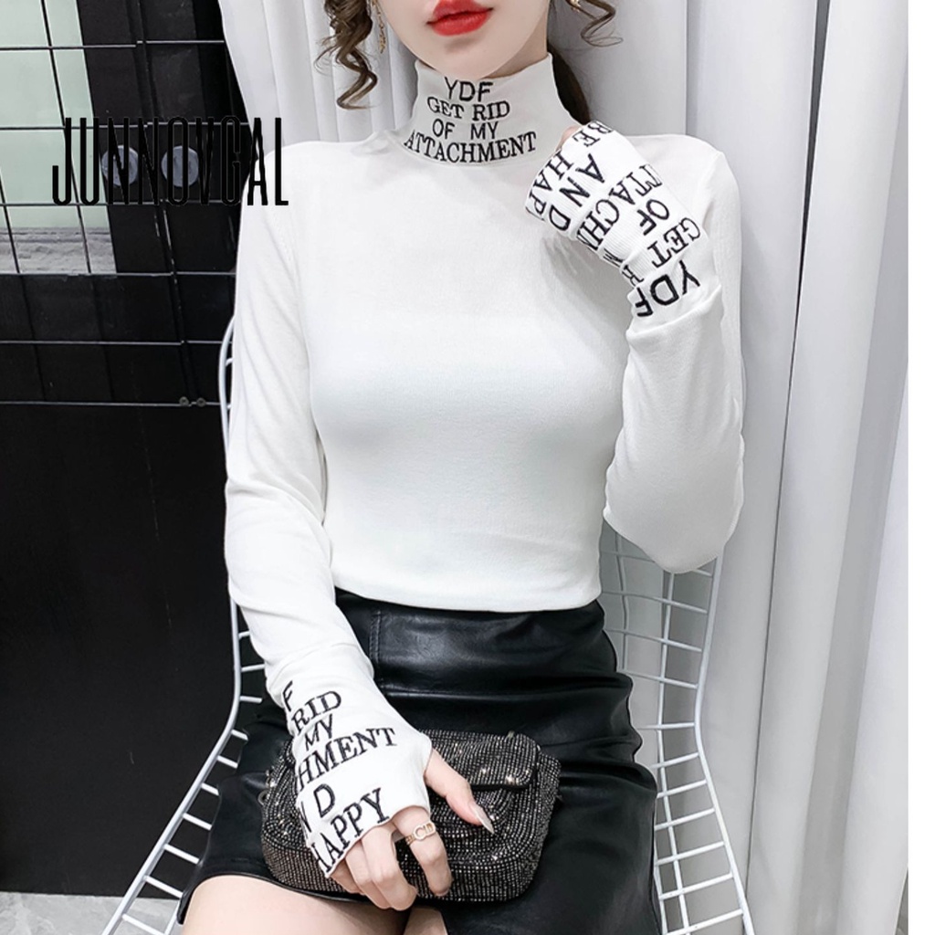 Junnovgal ใหม่ เสื้อกันหนาวลําลอง แขนยาว คอเต่า เข้ารูป พิมพ์ลายตัวอักษร สีพื้น สําหรับผู้หญิง 2024