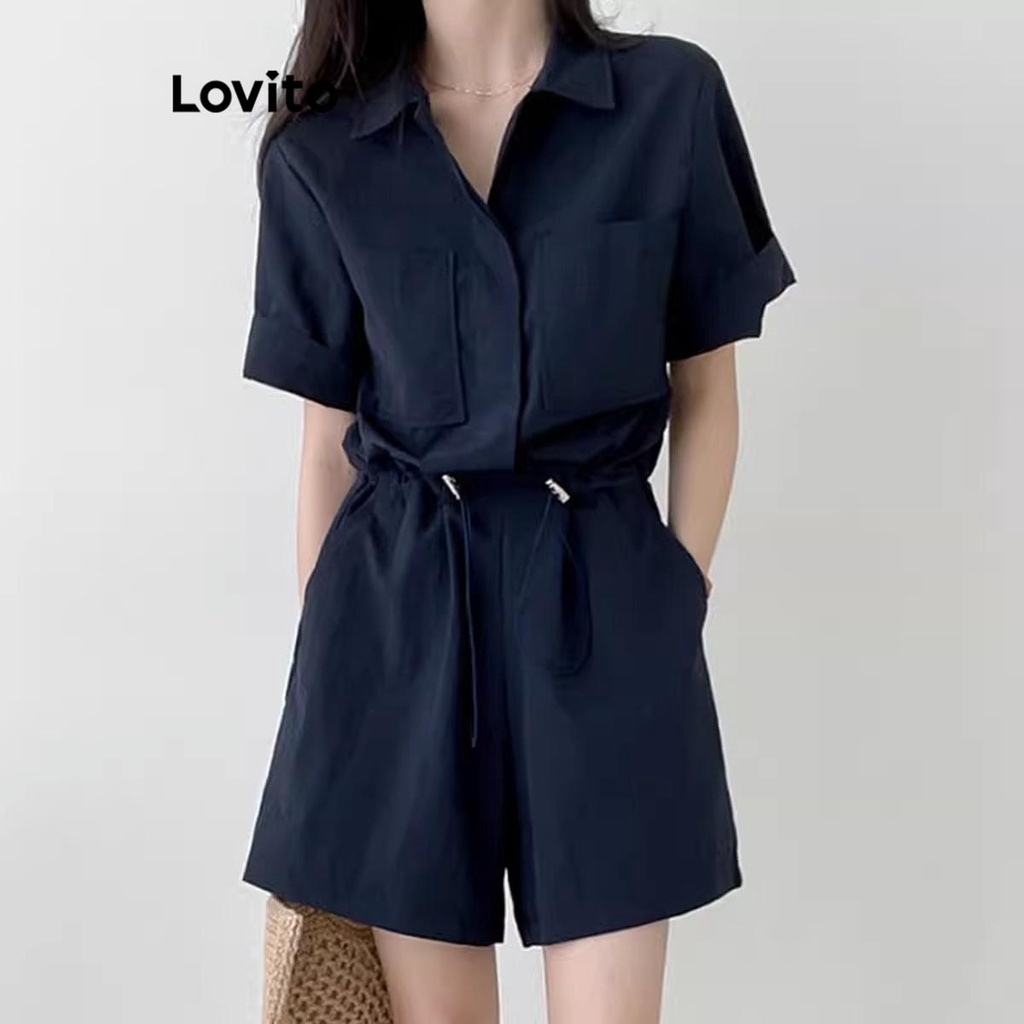 Lovito จั้มสูทผู้หญิง มีเชือกผูก สีพื้น สไตล์ลำลอง LNE39137 (สีเพลกรีน/สีน้ำเงินกรมท่า)