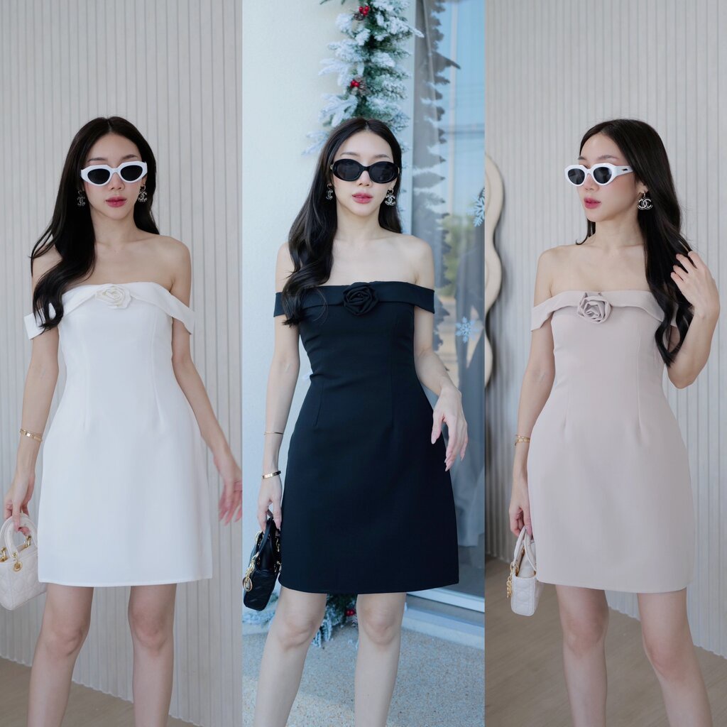 HILOOK เดรสเปิดไหล่มีเข็มกลัดดอกไม้ ตัวนี้เป็นเสื้อผ้าละเอียดผ้านิ่ม 9212