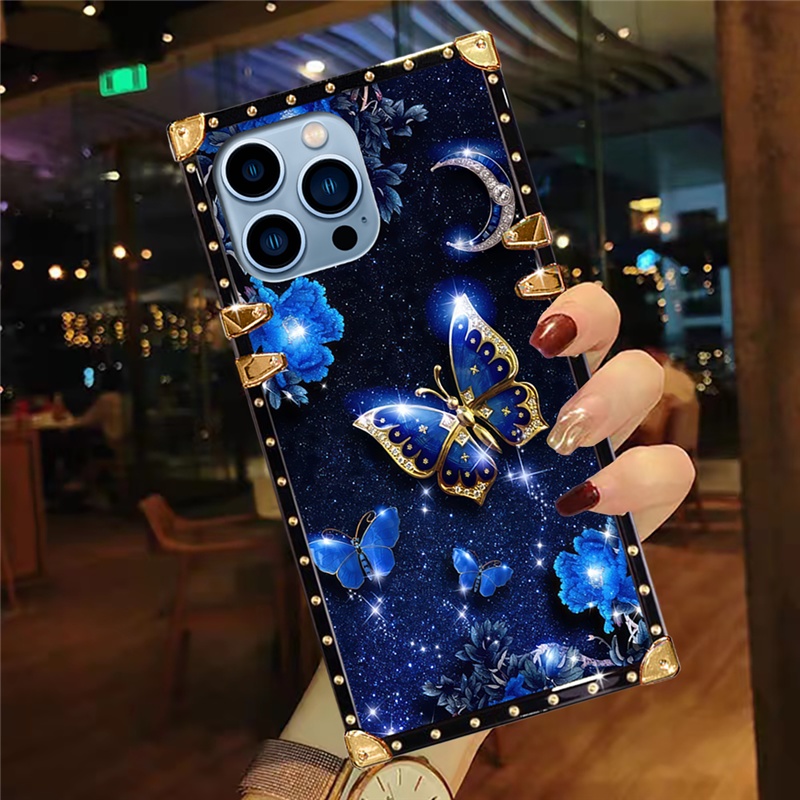 ปลอก IPhone 17 AIR 16 15 14 13 12 11 Pro Max XR XS 8 7 6 Plus แฟชั่นรูปแบบผีเสื้อสีฟ้าสแควร์เคสกันกระแทก