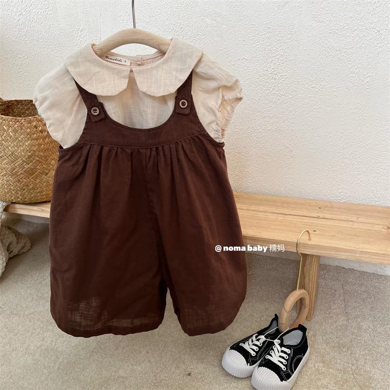 กางเกงเด็ก 2024 ฤดูร้อนรูปแบบใหม่เด็กสาว โมริ ชุดเอี๊ยม กลางและเด็กเล็กสีทึบญี่ปุ่นข้อเท้า-ขากางเกงขากว้าง