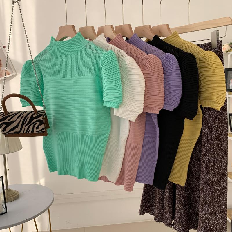 LitlteBee.shop.2629-1🌸เสื้อแขนสั้นไหมพรม ถักลายหน้าหลัง จิ้ม แขนใส่เข้ารูป กิ่งคอเต่า