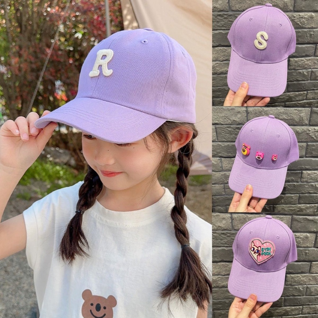 หมวกเบสบอล หมวกกันแดด ลายการ์ตูนตัวอักษร ดอกไม้ สีม่วง สไตล์ใหม่ เหมาะกับเล่นกีฬากลางแจ้ง สําหรับเด็กผู้หญิง นักเรียน