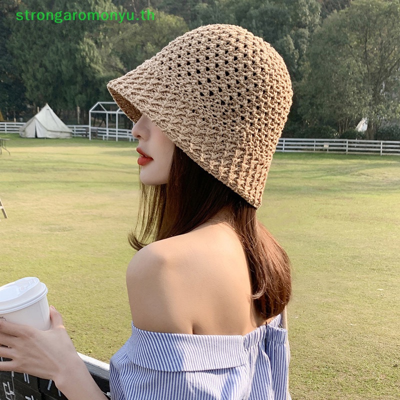 Strongaromonyu หมวกฟางปีกกว้าง ทรงบักเก็ตสาน กันแดด แฟชั่นฤดูร้อน สําหรับผู้หญิง