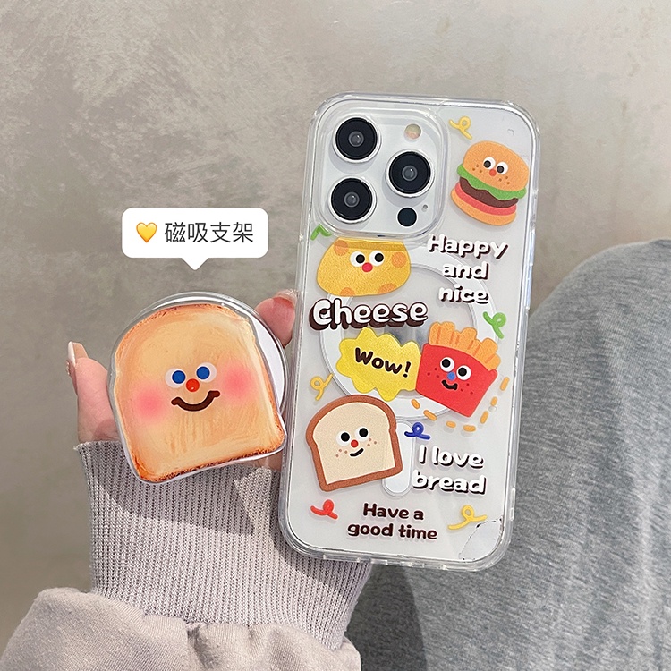 ใหม่ เคสโทรศัพท์มือถือแบบใส กันกระแทก ลายการ์ตูนแฮมเบอร์เกอร์ ขนมปัง พร้อมที่ตั้งวางแม่เหล็ก สําหรับ iPhone 15 promax 14 promax 13 12 11