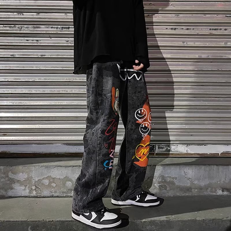 Bonnie Cathy  กางเกงขาตรงวินเทจสีเข้ม กางเกงขากว้างลายกราฟฟิตี้ กางเกงยีนส์แนวสตรีทฮิปฮอป - รูปที่ 5