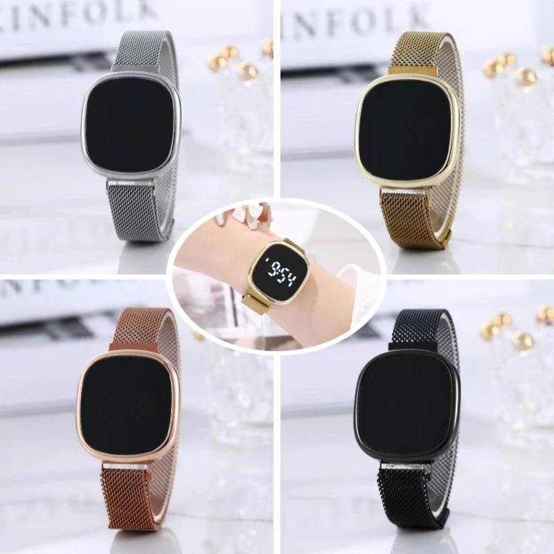 นาฬิกาสัมผัส LED Unisex, สายมิลานแม่เหล็ก, จอแสดงผลดิจิตอลสําหรับนักเรียน, ของขวัญใน Gold-Tone Silver Black Rose Gold