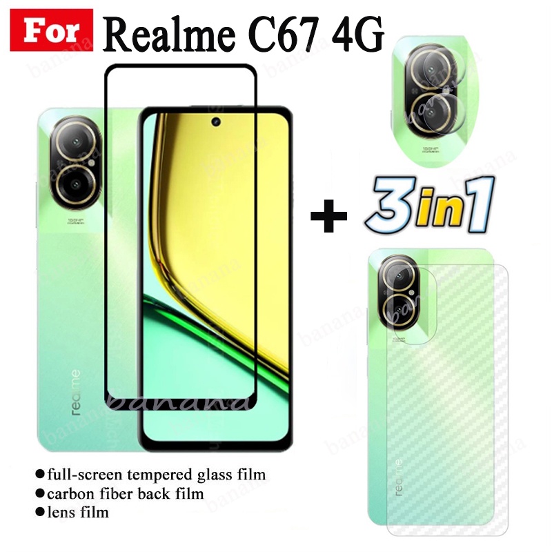 3 IN 1 Realme C67 4G ฟิล์มกระจกนิรภัย แบบเต็มจอ สําหรับ Realme C67 5G C53 C51 C55 C30 เลนส์กล้อง กระจกกันรอยหน้าจอ และฟิล์มด้านหลัง