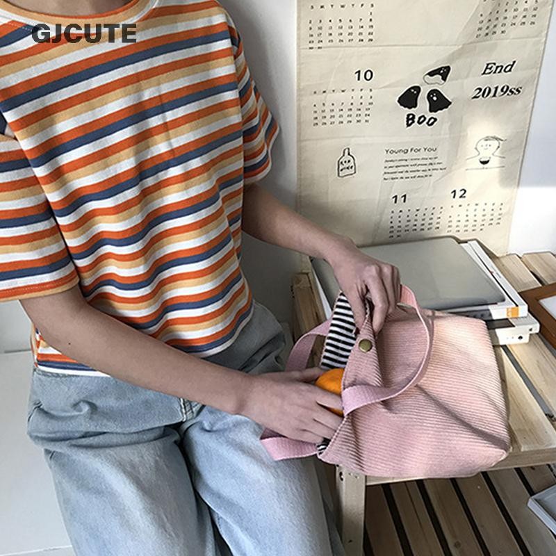 Gjcute กระเป๋าผู้หญิง Corduroy HandBags ถุงอาหารกลางวันแบบใช้ซ้ําได้ Casual Shopping Storage กระเป๋าสไตล์ญี่ปุ่น Vintage สีทึบกระเป๋า WTD