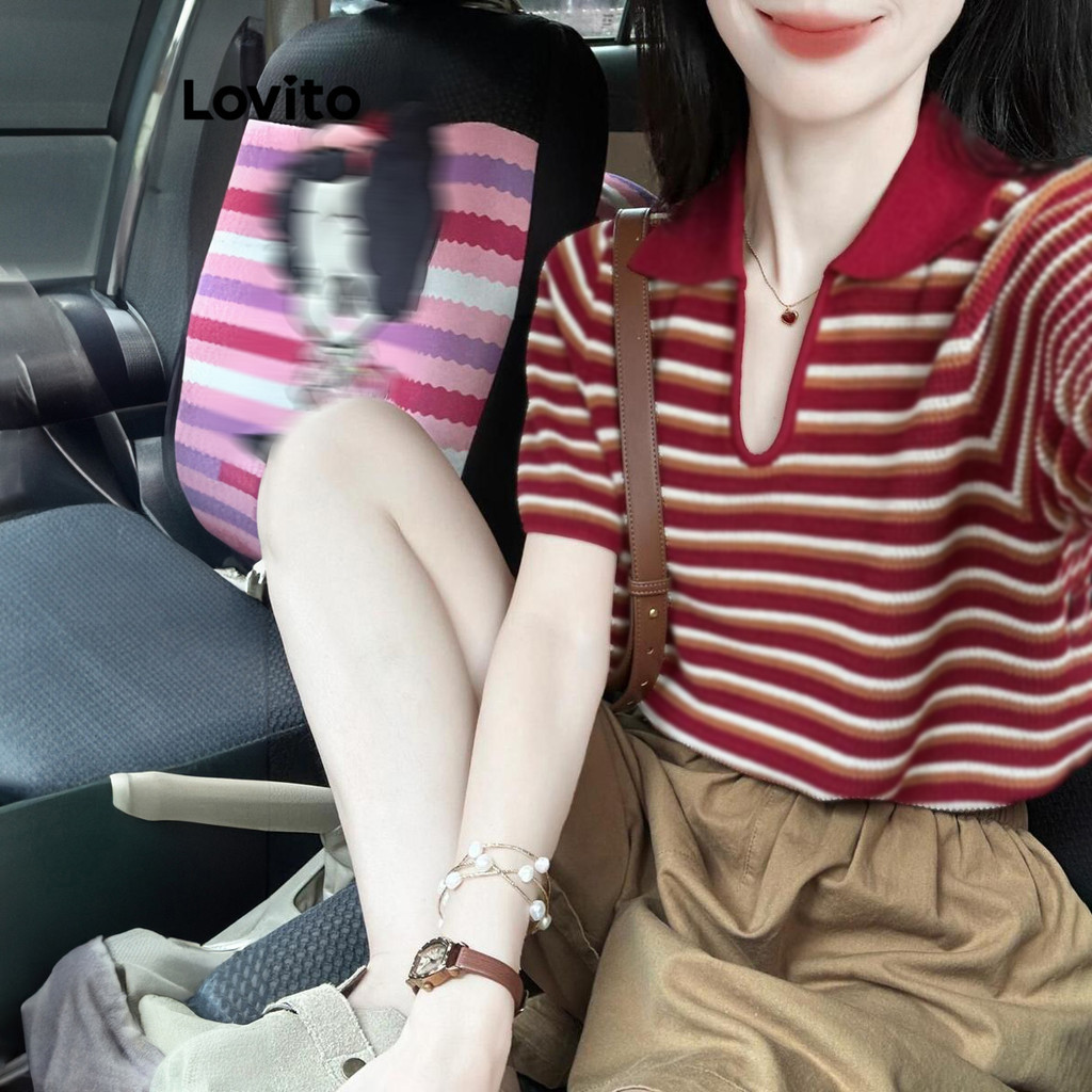 Lovito เสื้อยืด บล็อกสี ลายทางลำลองสำหรับผู้หญิง LNE73834