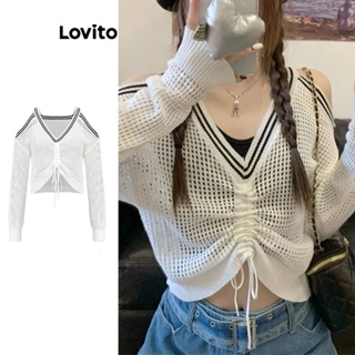 Lovito เสื้อสเวตเตอร์ลำลอง สีพื้น คัทเอาท์ แบบผูกเชือก สำหรับสตรี L58AD054 (สีขาว)