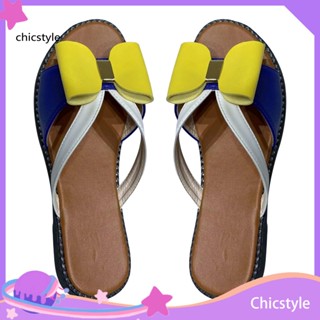 Chicstyle รองเท้าแตะ พื้นยาง เปิดนิ้วเท้า ประดับโบว์ พื้นทรงแบน ป้องกันการลื่น สําหรับผู้หญิง 1 คู่