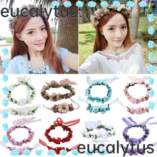 Eucalytus1 พวงหรีดผม ดอกทานตะวัน สีขาว ถัก ตกแต่งหมวก ดอกไม้ เจ้าสาว หูฟัง