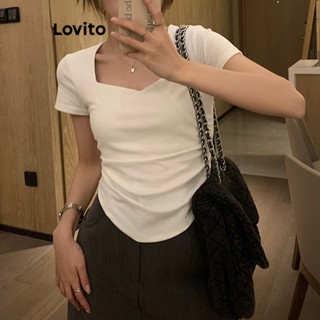 Lovito เสื้อยืดลําลอง แขนสั้น สีพื้น สําหรับผู้หญิง LNA24022 (สีกากี/เทาเข้ม/ขาว)