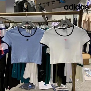 Adidas ของแท้ 100% เสื้อยืดแขนสั้น เอวสูง ปักลายโลโก้ คลาสสิก สําหรับผู้หญิง H17951 H15796