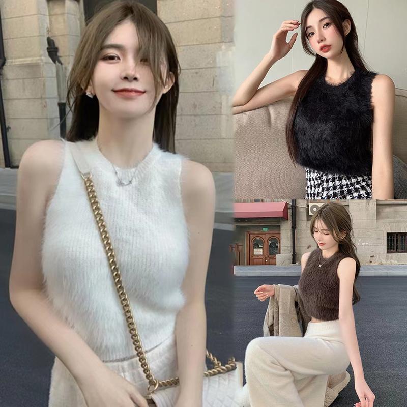 mimi&didi*พร้อมส่ง*เสื้อครอปสวย เสื้อกล้ามไหมพรมแขนกุดผู้หญิงเซ็กซี่ คอกลม แฟชั่นสไตล์เกาหลี#Z044