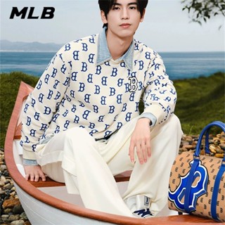 Mlb NY ของแท้ 100% เสื้อกันหนาว คอกลม ผ้าฝ้าย พิมพ์ลายโลโก้ 320 กรัม สําหรับผู้ชาย และผู้หญิง