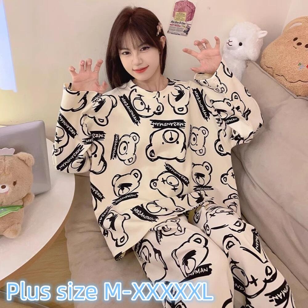 ชุดนอนแขนยาว คอกลม พิมพ์ลายการ์ตูนหมีน่ารัก และกางเกงขายาว พลัสไซซ์ แฟชั่นสําหรับผู้หญิง ไซซ์ M - 5XL
