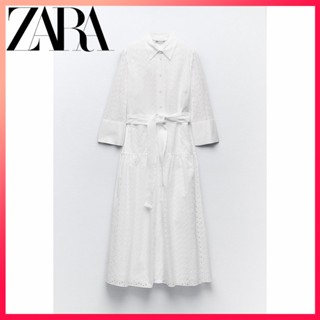 Zara ใหม่ ชุดเดรส ปักลายกลวง สีขาว สําหรับผู้หญิง