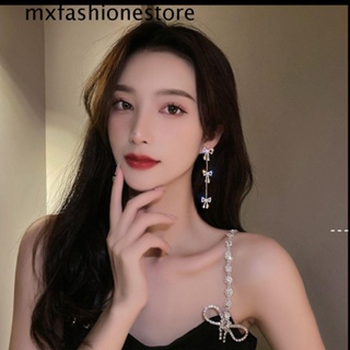 Mxfashione ต่างหูระย้า ห้อยพู่ยาว ประดับโบว์ พลอยเทียม สไตล์วินเทจ สําหรับผู้หญิง