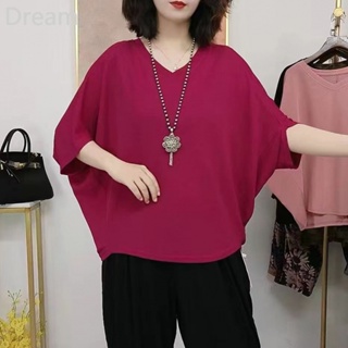 Solid color bat shirt Womens loose age-reducing top summer new western style large size mid-sleeve flesh-covering slimming T-shirt