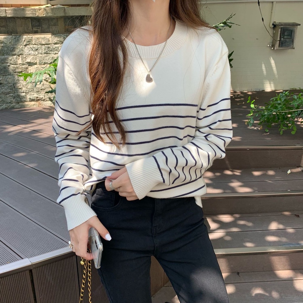 Bh เสื้อกันหนาวแขนยาว ผ้าถัก ลายทาง ทรงหลวม แฟชั่นฤดูใบไม้ร่วง ฤดูหนาว สําหรับผู้หญิง