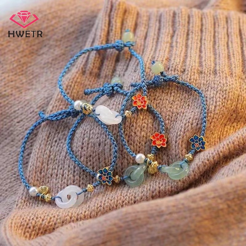 Hwetr สร้อยข้อมือถัก ประดับมุก หยก ดอกบัว สไตล์ชนเผ่า ปรับได้ เครื่องประดับแฟชั่น สําหรับผู้หญิง