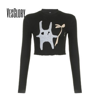 Vesglory เสื้อครอปท็อป แขนยาว คอกลม พิมพ์ลาย สีพื้น ทรงสลิมฟิต แฟชั่นสําหรับผู้หญิง 2023