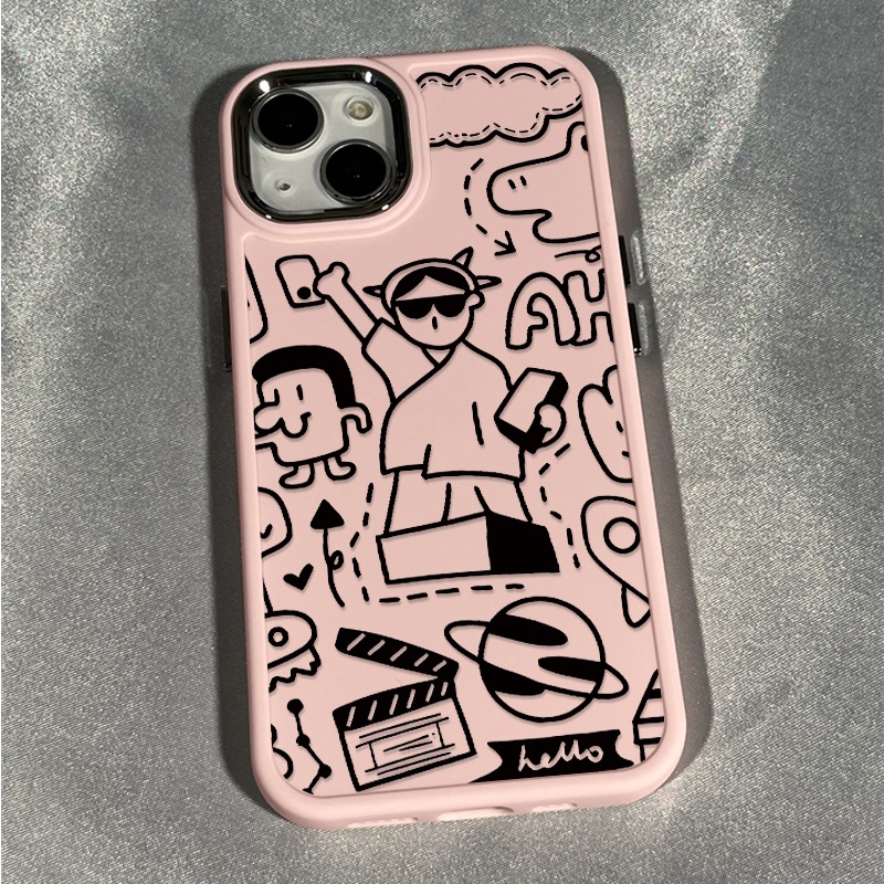 เคสโทรศัพท์มือถือ ซิลิโคนนุ่ม กันกระแทก ลายกราฟฟิตี้ เด็กผู้หญิง ปุ่มโลหะ สําหรับ IPhone 15 14 13 12 11 Pro Max XS X XR 8 + 7 Plus
