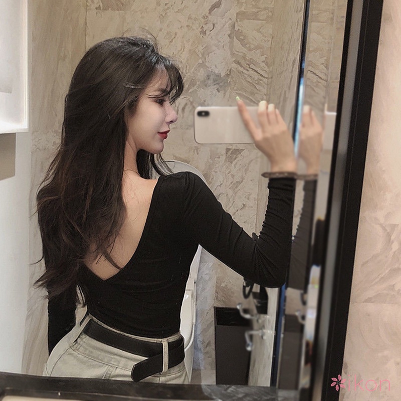 เสื้อครอปท็อปแขนยาว คอวี เปิดหลัง สีพื้น สไตล์เกาหลี สําหรับผู้หญิง
