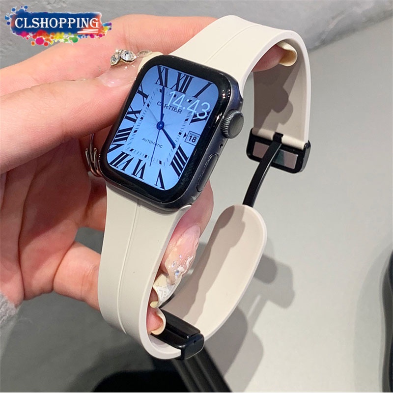 สายนาฬิกาข้อมือซิลิโคน แบบแม่เหล็ก พับได้ สําหรับ Apple watch Ultra 49 มม. 45 มม. 41 มม. 44 มม. 40 มม. 42 มม. 38 มม. Apple watch series 8 7 6 SE 5 4 3 2 1