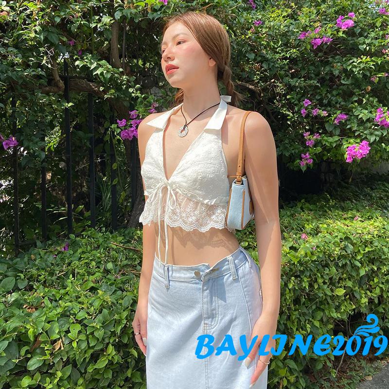 Bay-women Crop Halter Tops ลูกไม้ Patchwork Backless แขนกุด Camisole สําหรับ Streetwear เสื้อผ้าฤดูร้อน