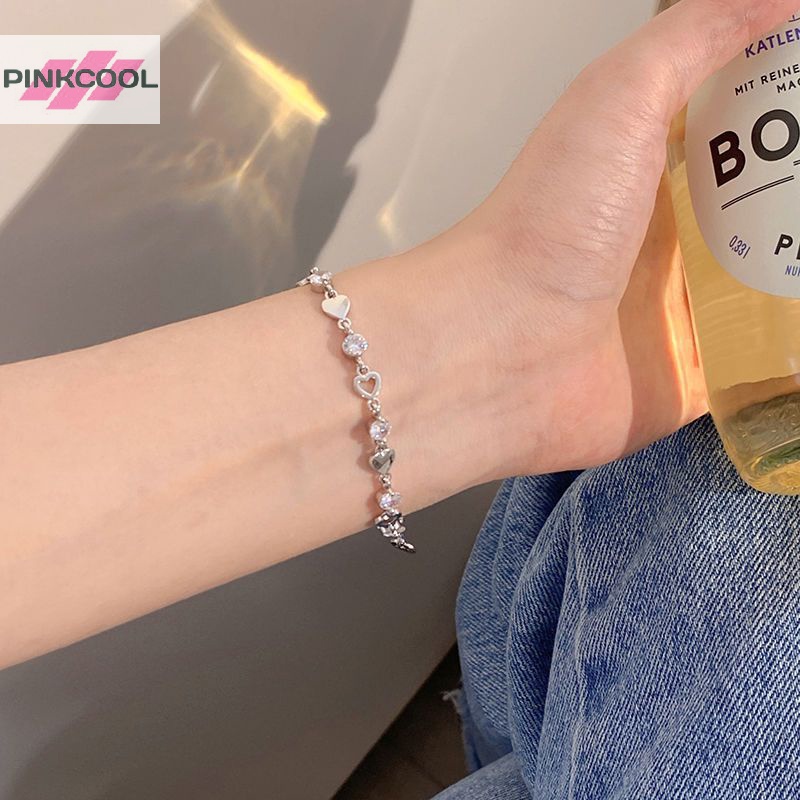 Pinkcool สร้อยข้อมือคริสตัล รูปหัวใจ ปรับได้ หรูหรา เครื่องประดับ สําหรับผู้หญิง