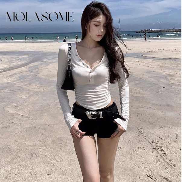 Molasome เสื้อยืด คอวี แขนยาว พิมพ์ลาย สีพื้น เข้ารูป สําหรับผู้หญิง 2023