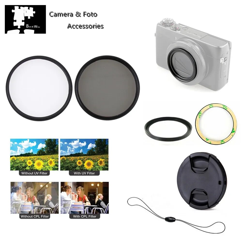 Filter UV CPL Circular Polarizing &amp; Adapter Ring Lens Cap Keeper For Panasonic LX10 LX15 TZ200 TZ220 ZS200 ZS220 TX2 ZS1