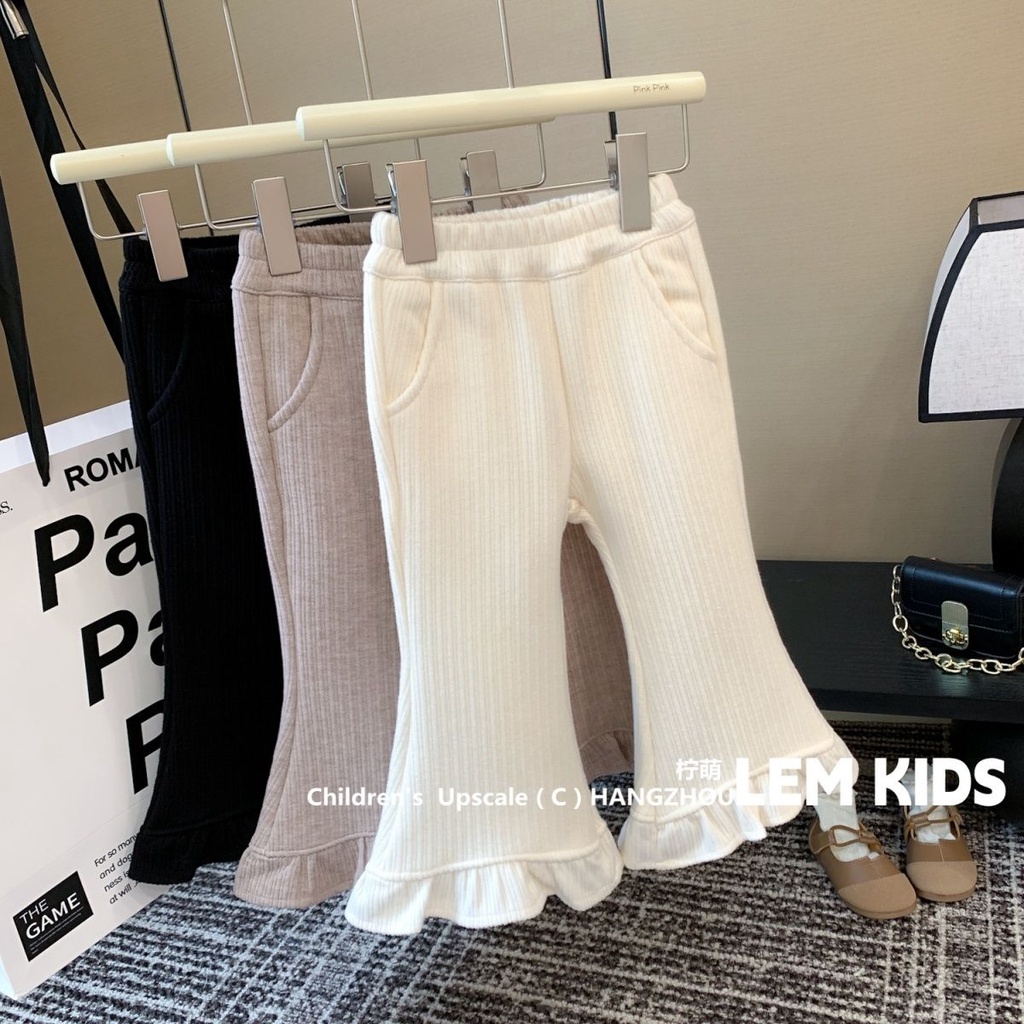 กางเกงขายาว ผ้ากํามะหยี่ แต่งลูกไม้ สไตล์เกาหลี แฟชั่นฤดูใบไม้ร่วง และฤดูหนาว สําหรับเด็กผู้หญิง 2023