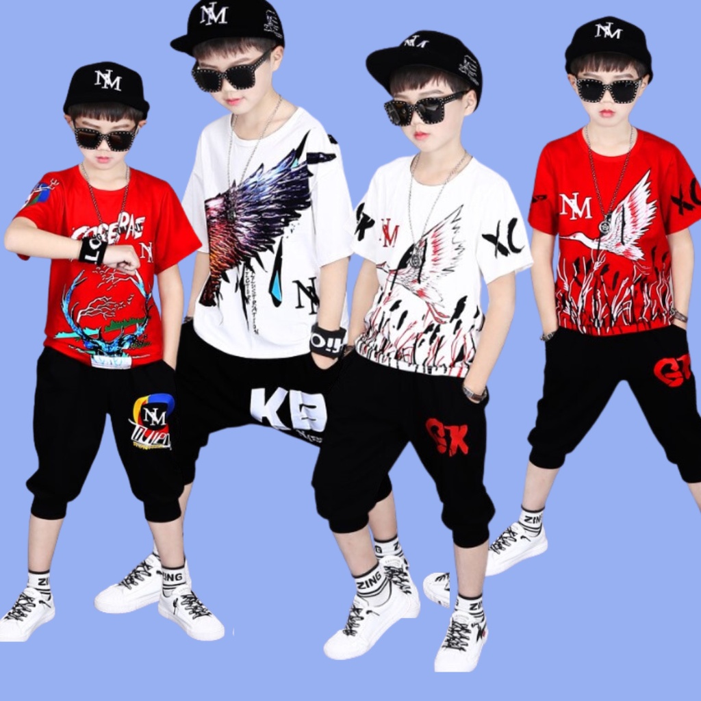 ชุดเต้น Street dance เสื้อแขนสั้นสีแดง+กางเกงดำ