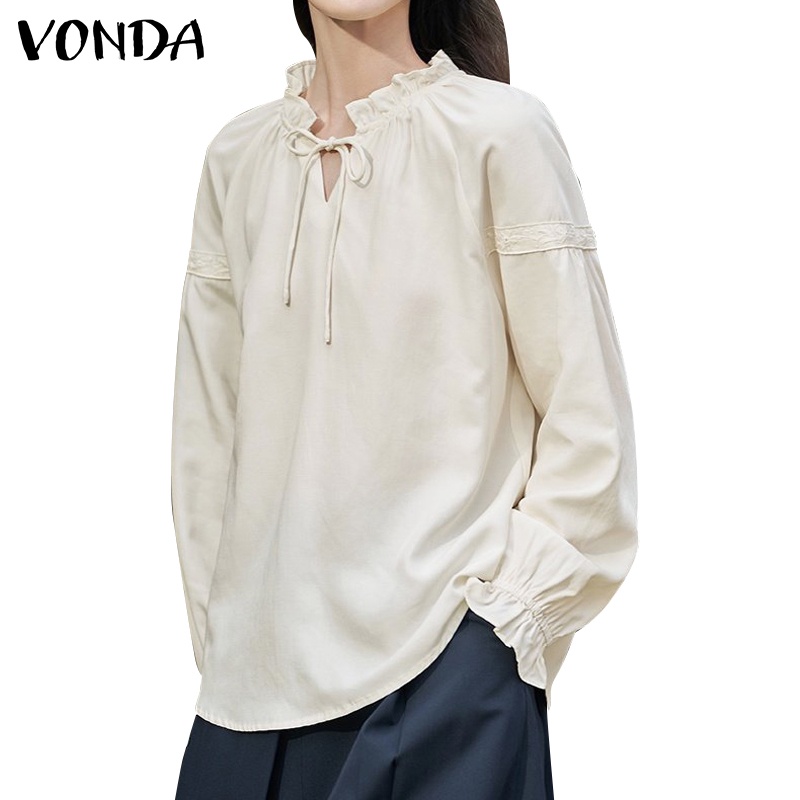 Vonda เสื้อยืด คอวี แขนยาว แต่งระบาย สีพื้น สไตล์เกาหลี สําหรับผู้หญิง