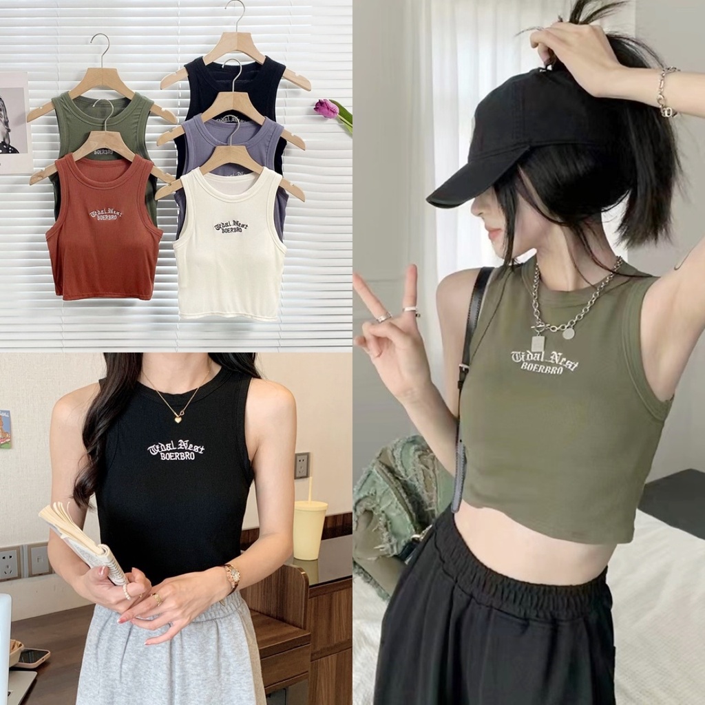 🔥ราคาถูกที่สุด🔥เสื้อกล้ามตัวสั้น คอกลม อกปักลาย BOERBRO ผ้าร่อง 6 สี