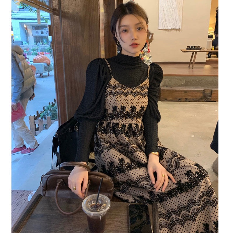 ชุดเดรส คอสูง พิมพ์ลาย สีดํา แฟชั่นฤดูใบไม้ร่วง และฤดูหนาว สไตล์เกาหลี สําหรับผู้หญิง