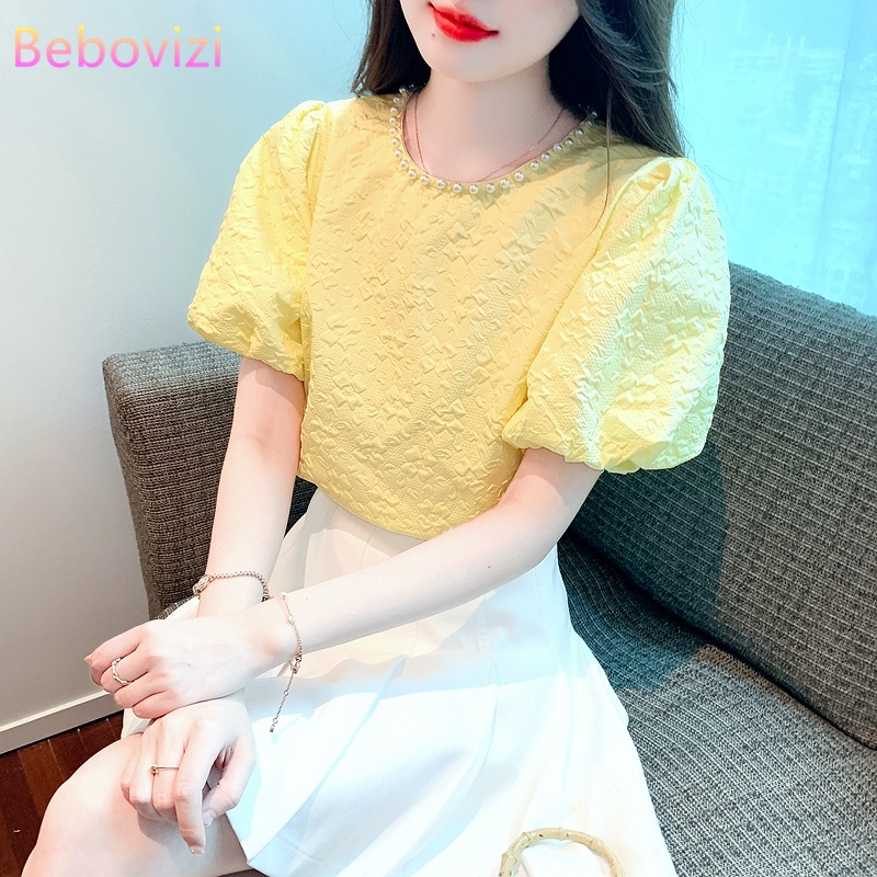 Bebovizi เสื้อเบลาส์ คอกลม แขนพัฟ ผ้าชีฟอง ลายนูน ทรงหลวม ประดับลูกปัด แฟชั่นฤดูร้อน สําหรับผู้หญิง