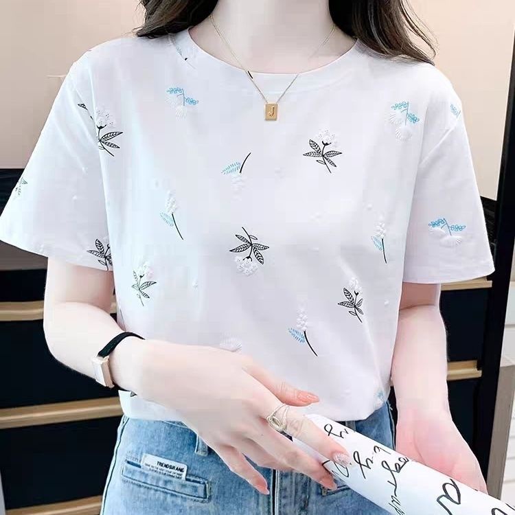 เสื้อยืดแขนสั้น ทรงหลวม พิมพ์ลาย สามมิติ สีขาว แฟชั่นฤดูร้อน สําหรับผู้หญิง 2023 เสื้อดาว y2k เสื้อดาว เสื้อรูปดาว ครอปสั้นมาก