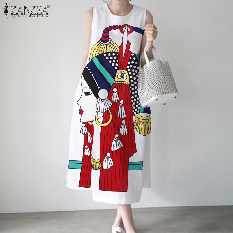 ZANZEA ซานเซีย ชุดเดรสลําลองคอกลมแยกด้านหลังแขนกุดหลวมพิมพ์ลาย — صورة 6