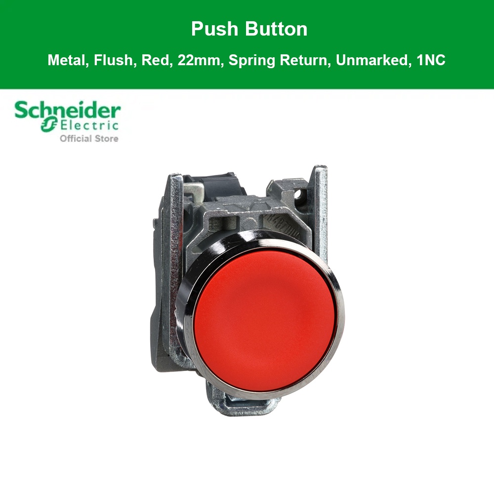 Schneider XB4BA42 (ZB4BZ102+ZB4BA4) สวิตซ์ปุ่มกดหัวเรียบ - กดเด้งกลับ, 1NC, Ø 22 mm, แบบโลหะ, สีแดง 