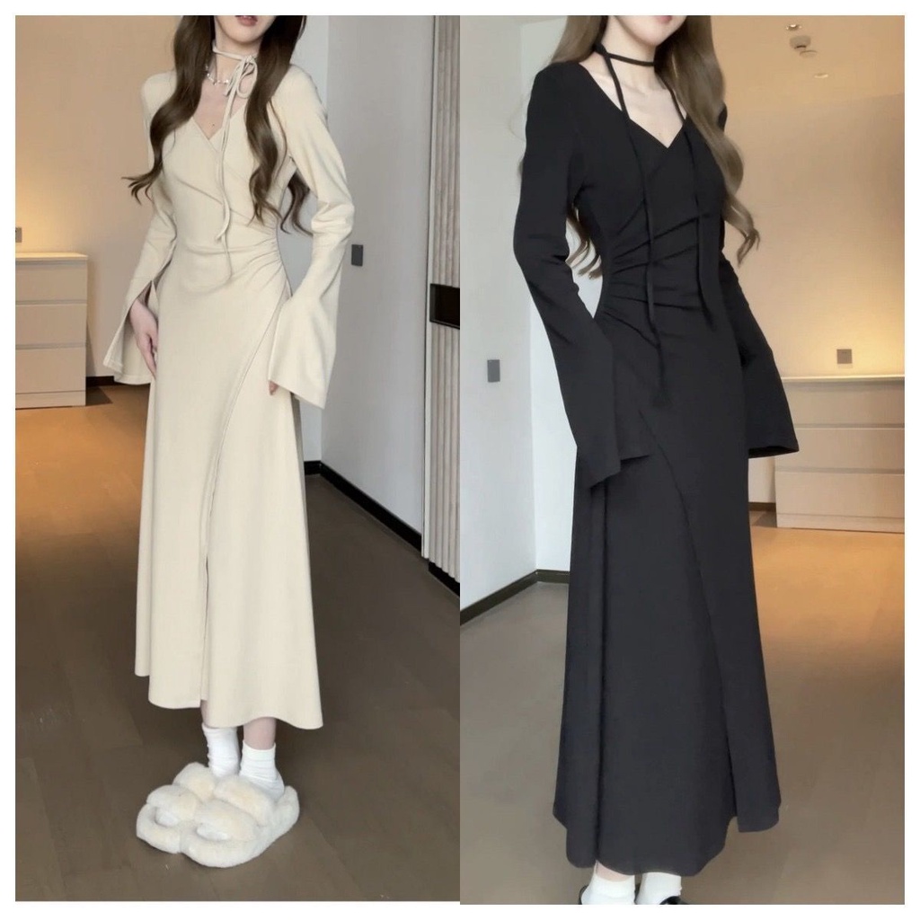 CM Fashion Studio ชุดเดรสกระโปรง แขนยาว คอวี แต่งจับจีบ ทรงไม่สม่ําเสมอ แฟชั่นฤดูใบไม้ร่วง สําหรับสตรีอวบ