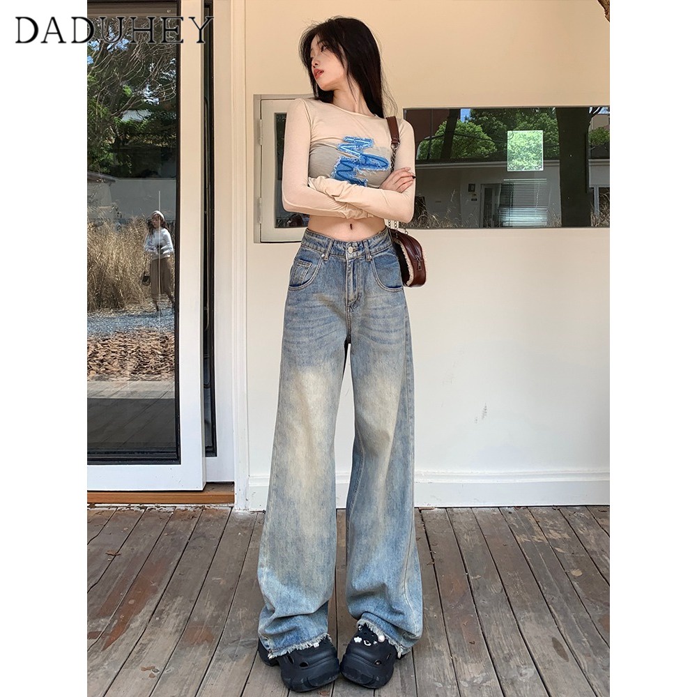 DaDuHey American Style Women's Retro Design Straight Loose Mop Pants High Waist Slimming and Wide Leg Jeans